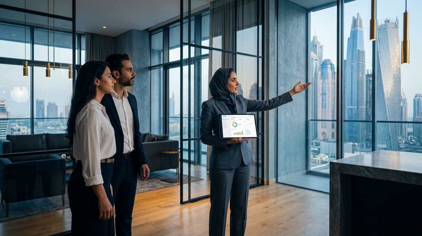 Arab female broker presenting compliance-verified Dubai property to clients