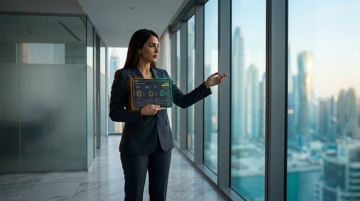 Compliance officer with glowing VanEdge dashboard in Dubai office corridor