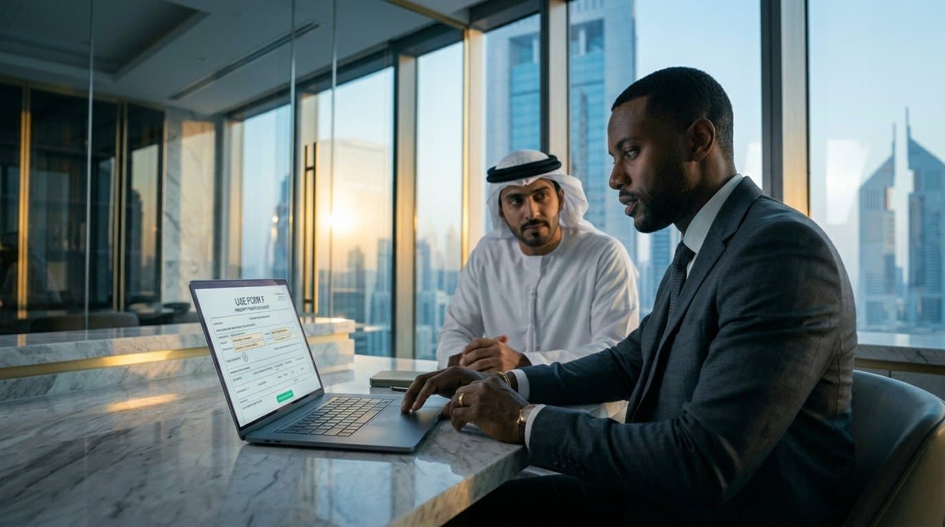 Conveyancer and Emirati client reviewing UAE Form F property transfer document