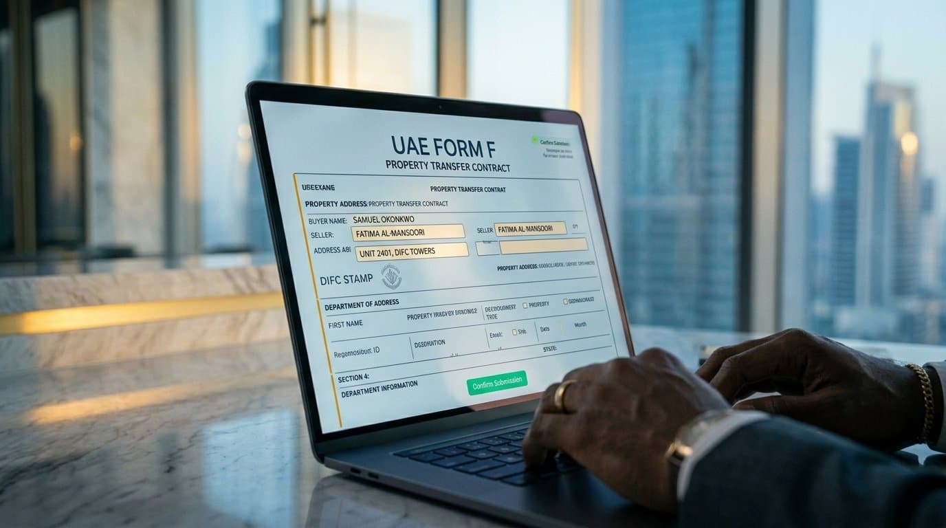 UAE Form F Property Transfer Contract being completed on laptop in Dubai