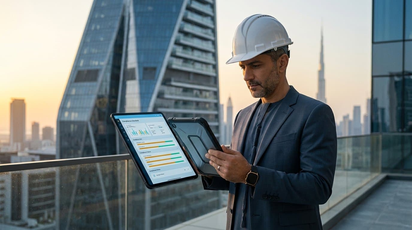 Property developer reviewing compliance dashboard on Dubai rooftop with Burj Khalifa