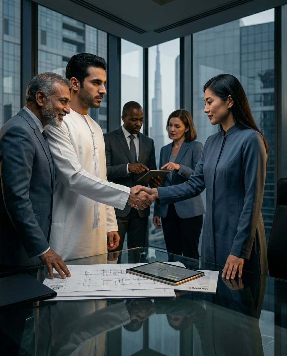 Multinational team completing a verified property deal in Dubai boardroom