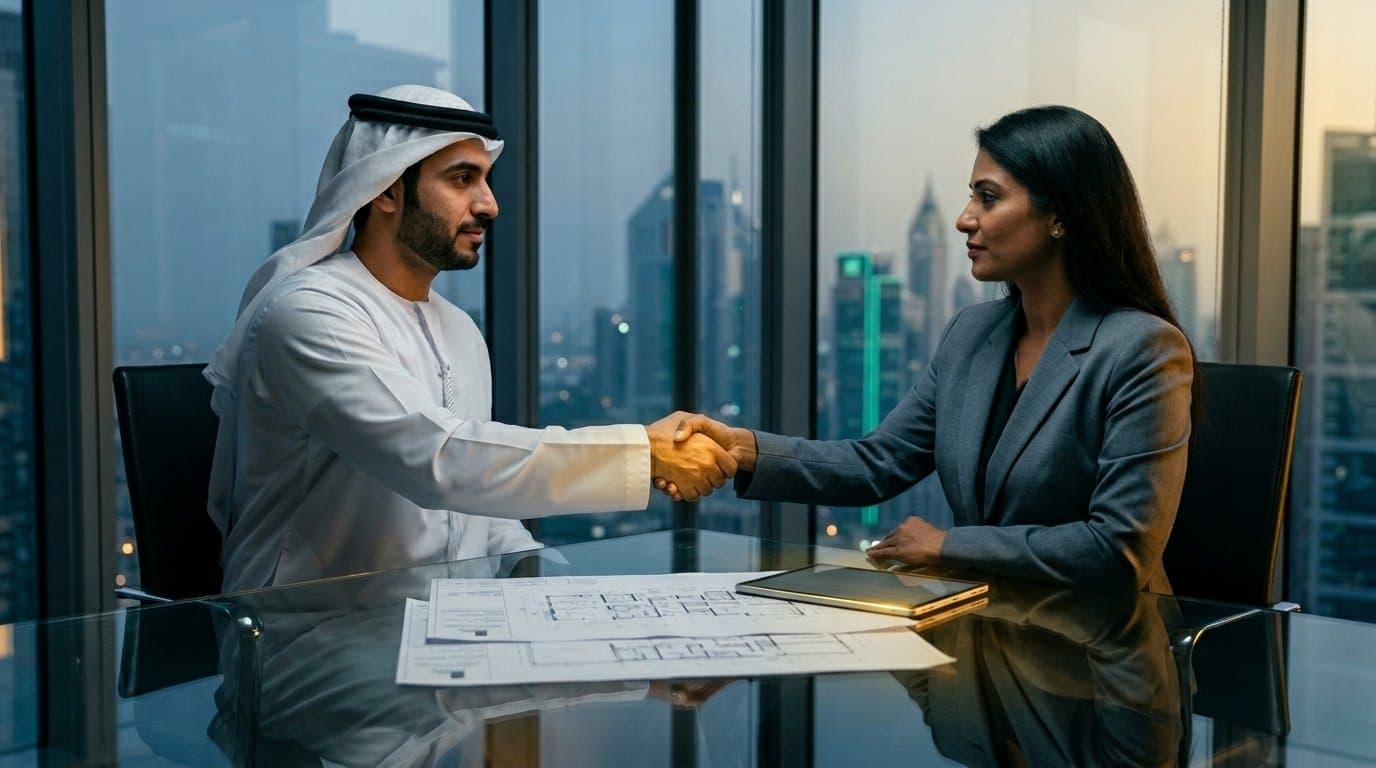 Emirati and South Asian professionals completing a verified property transaction in Dubai