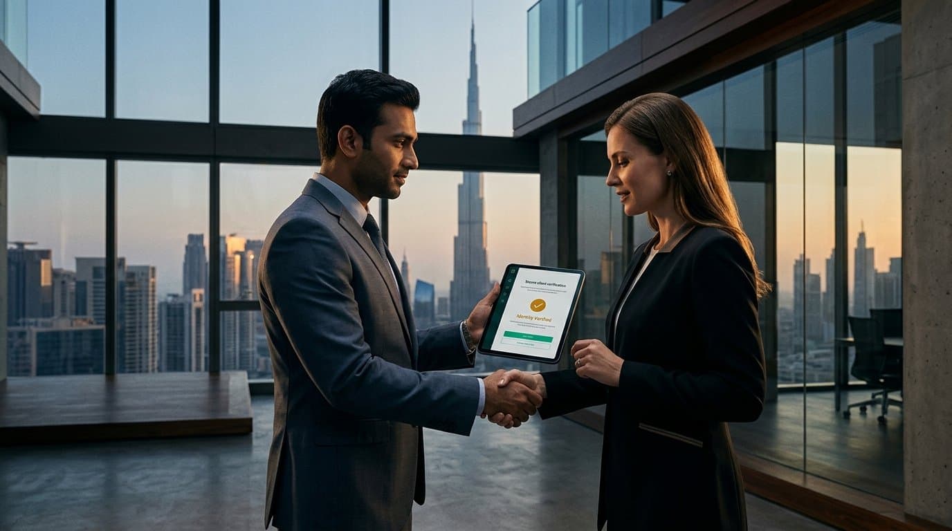 Broker showing Identity Verified status to client with Burj Khalifa backdrop