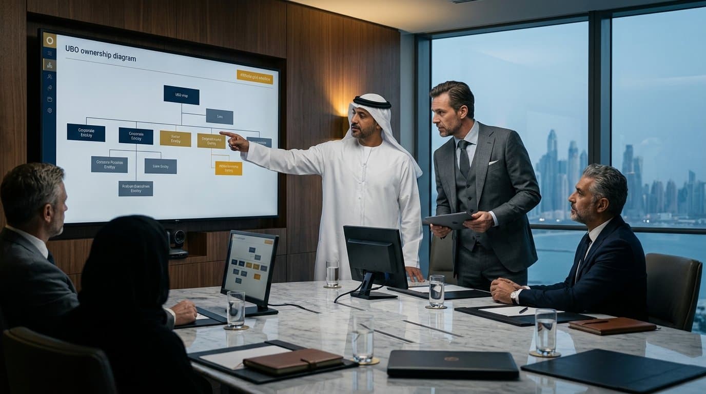 Emirati executive presenting UBO ownership diagram to compliance team in boardroom